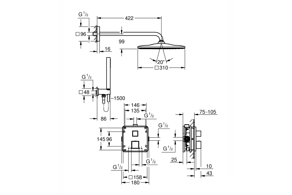 Душевая система Grohe QuickFix Precision Cube из Vitalio Rain Mono 310 Cube 34879000 (22869840) - фото 8