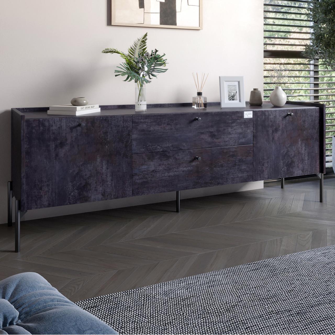 Тумба под телевизор с ящиками Lion Wood с черными ножками 180х50х40 см Бетон темный (Lion-043124)