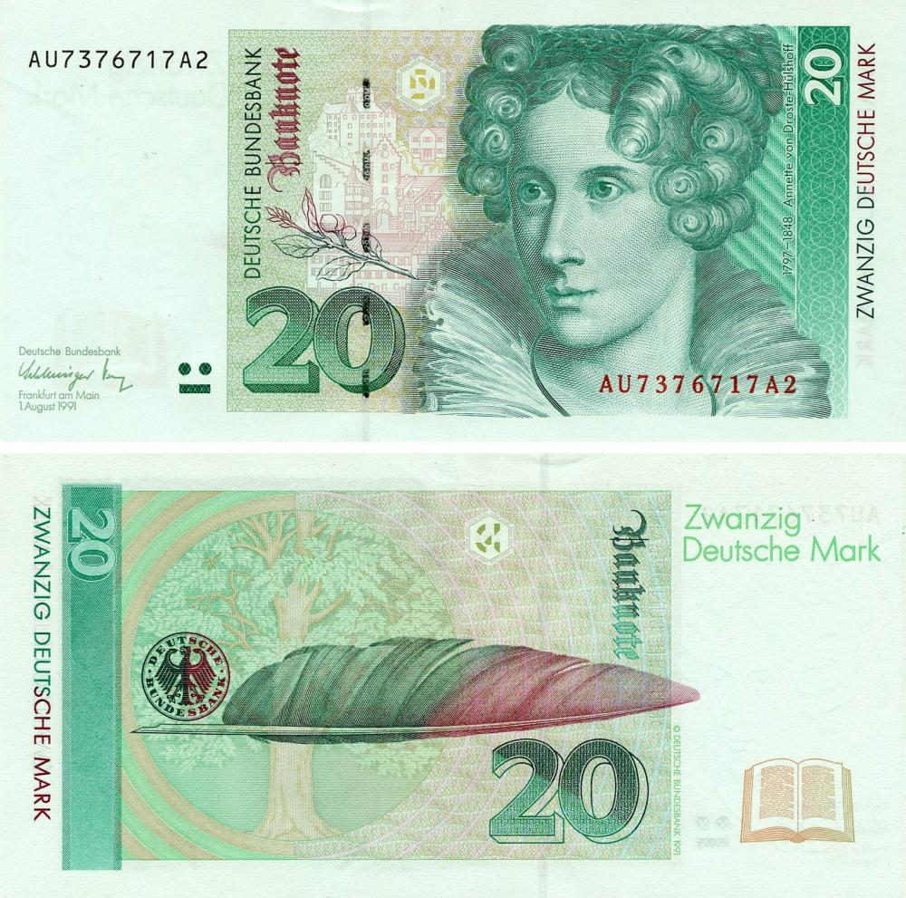 Коллекционная банкнота Германия 20 марок 1991 UNC P39a (Б17978)