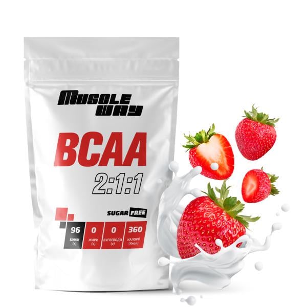 Комплекс аминокислот для роста мышц и сушки MuscleWay ВСАА 2:1:1 Sugar Free Клубника в порошке на 50 порций 500 г (21-125-bcaa-mw-rs500.p) - фото 1
