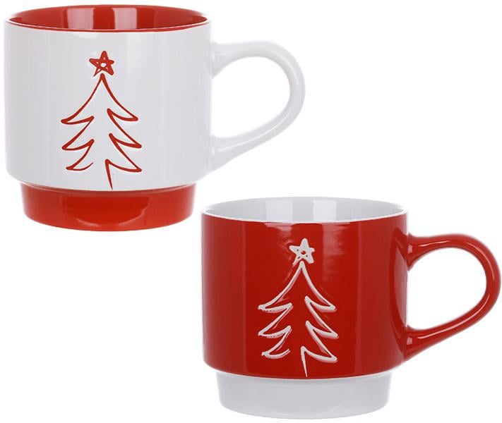 Набір чашок подарунковий Ялинка 2 шт. 400 мл Червоний з білим Набір чашок подарунковий Ялинка 2 шт. 400 мл Червоний з білим