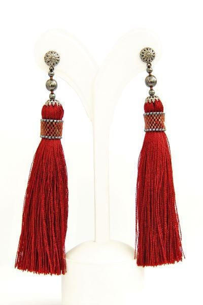 Серьги-кисти с жемчугом и бисером Марсала ручная работа Красный (ER-0057)
