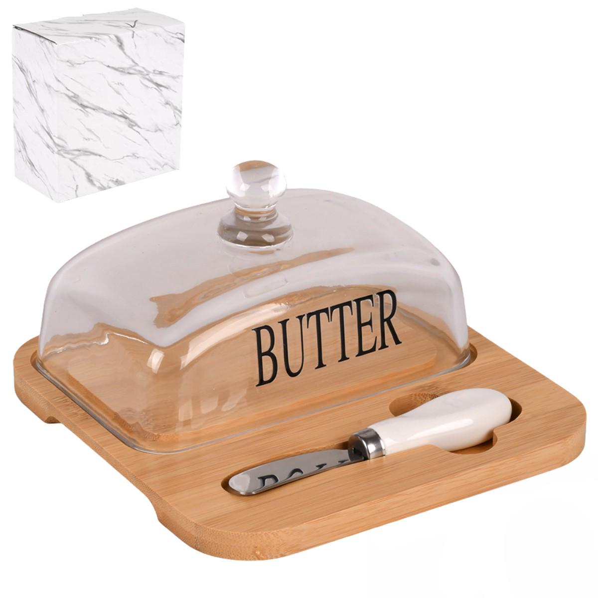 Масленка стеклянная BUTTER с бамбуковой подставкой и ножом для масла (R34370)
