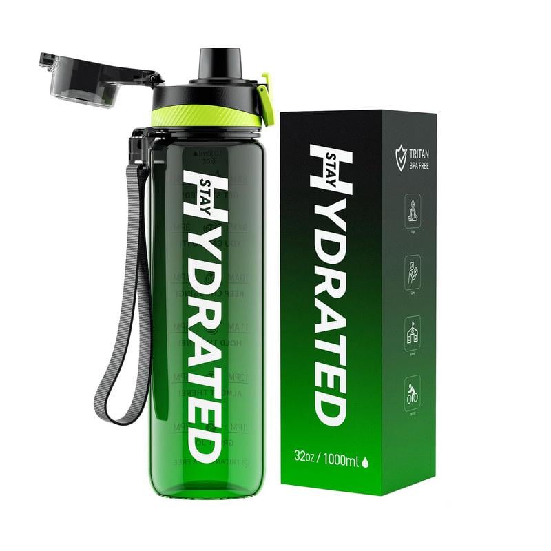 Бутылка для воды спортивная из тритана с крышкой на кнопке и ремешком Brave U Hydrate 1 л Зелено-черный
