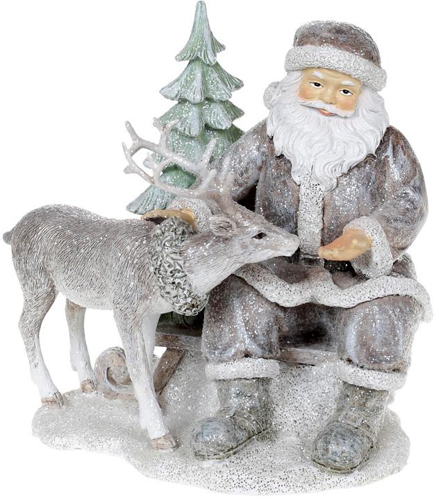Декоративная статуэтка Санта с Оленем 17 см полистоун с глиттером Светло-серый (BD-707-221)
