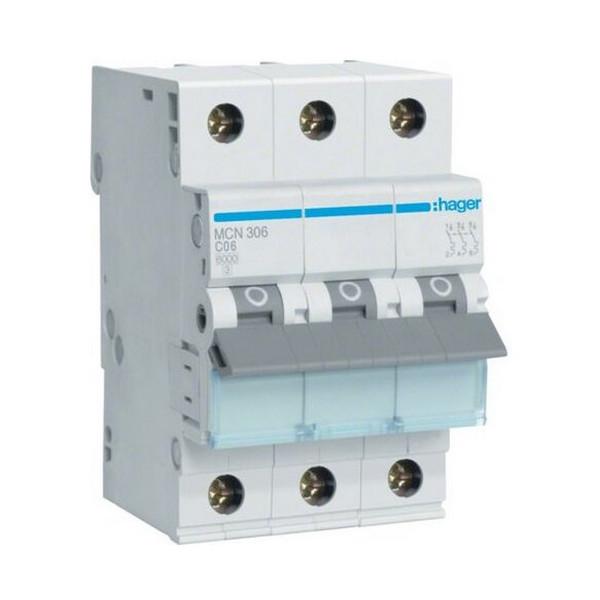 Автоматический выключатель Hager 3 полюса 6 kA тип C 6A MCN306 (74281)
