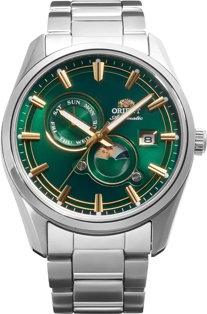 Наручные часы мужские Orient Stretto Sun & Moon RA-AK0314E30B со стальным корпусом/сапфировым стеклом WR 100 м Зеленый (3124658594)