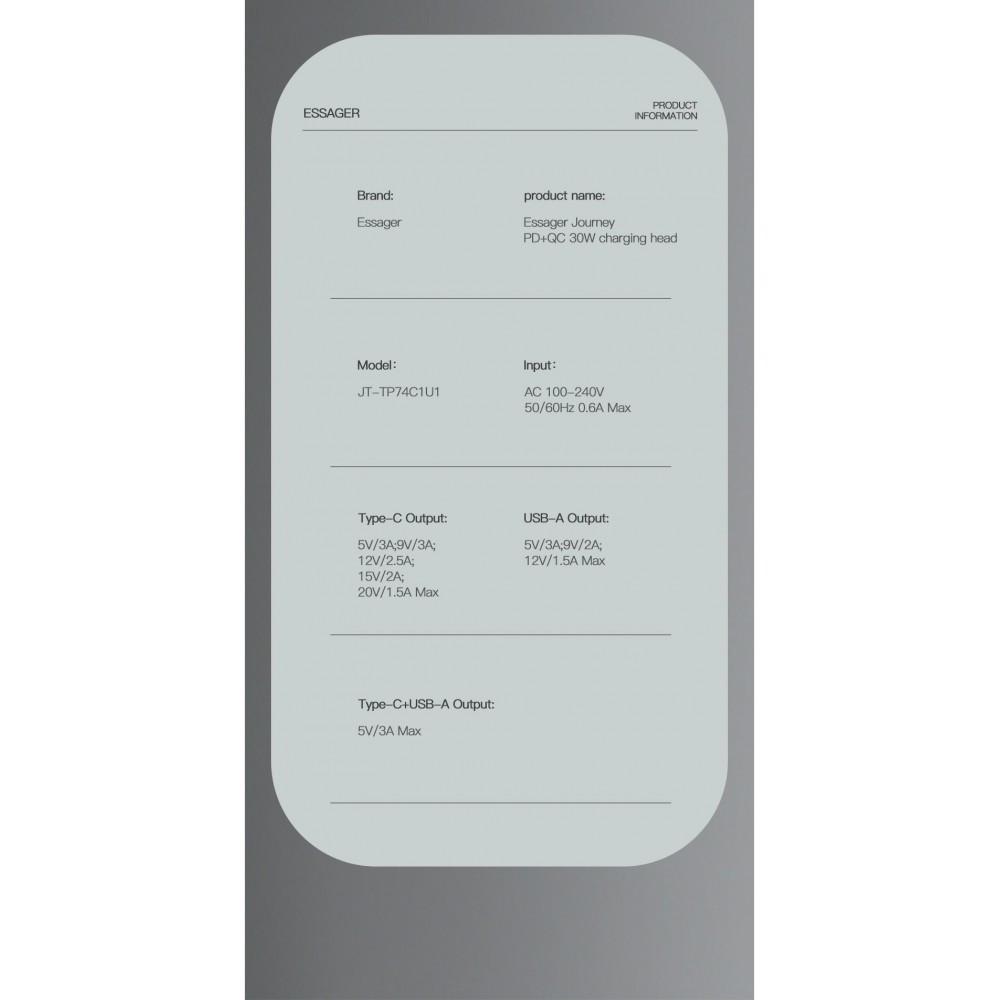 Зарядное устройство для сети Essager Quick Charger Type-C/USB 30W Black (25397428) - фото 3