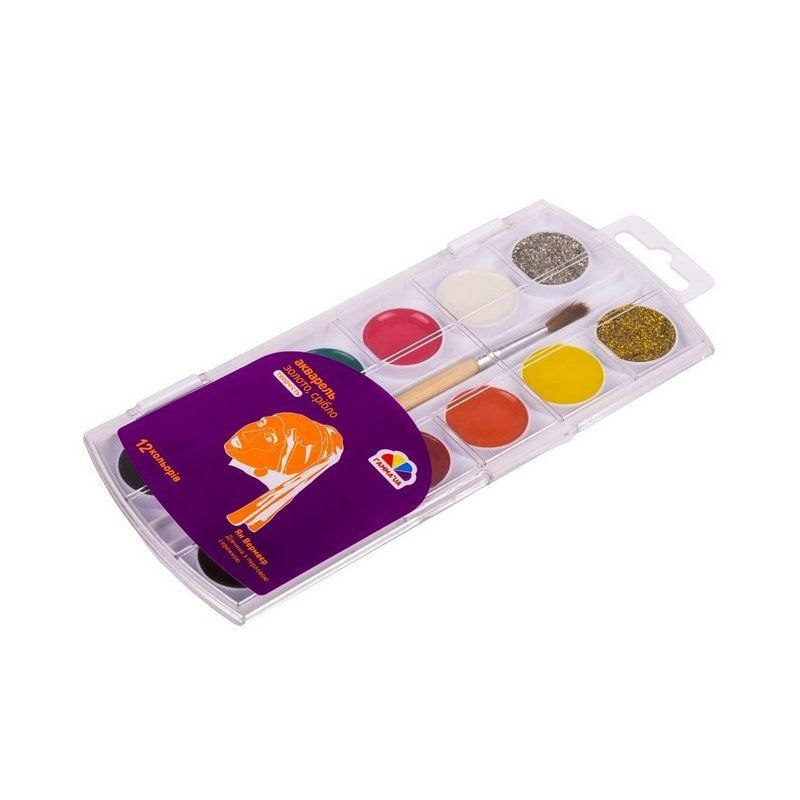 Акварельные краски с кисточкой 12 цв. Золото/Серебро (400109 4820219213079)