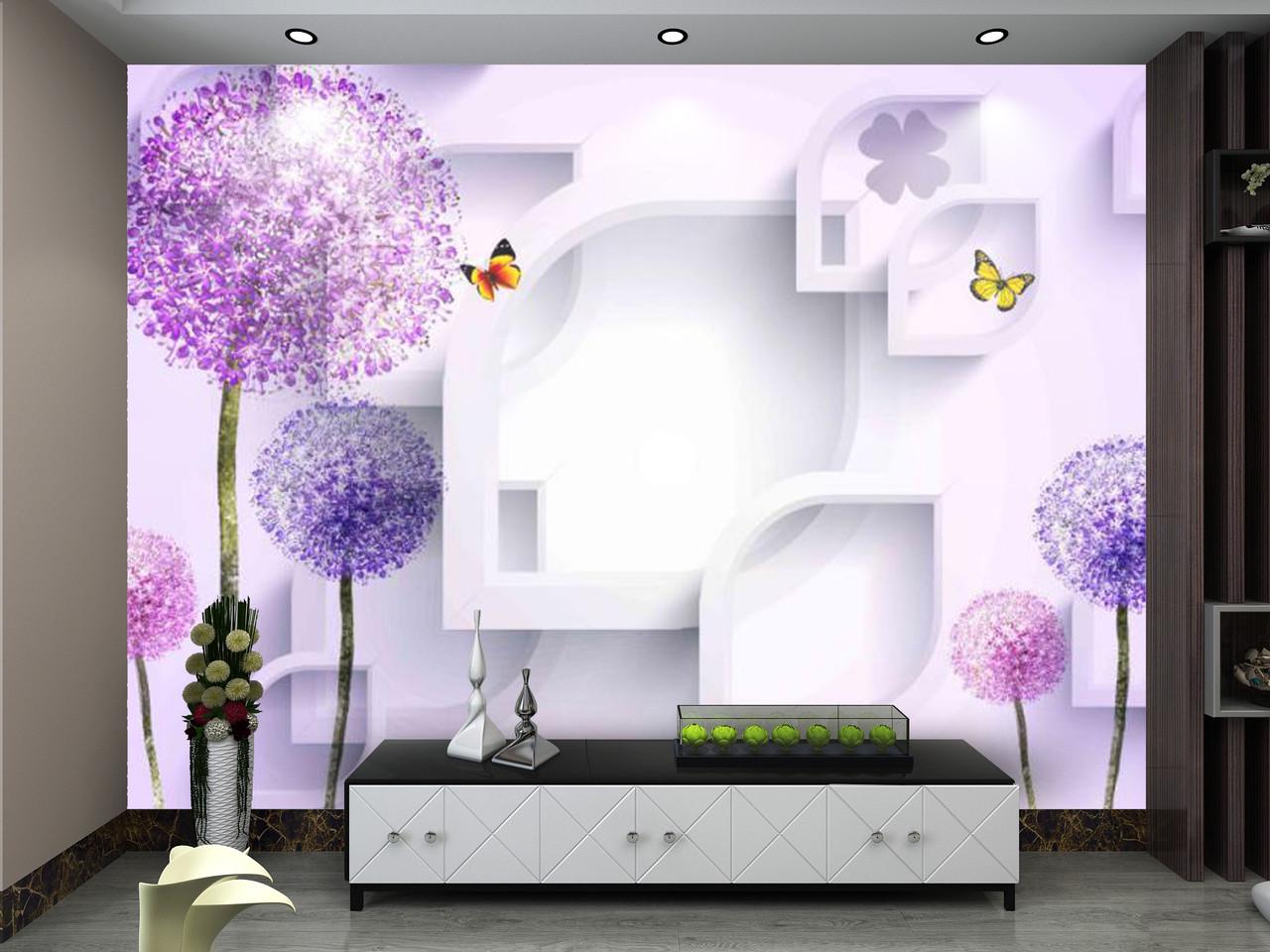 Фотообои 3D флизелиновые цветочные для спальни/зала/кухни Фиолетовые цветы на светлом фоне