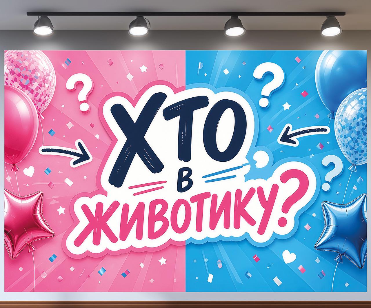 Баннер фотозона Кто в животике на Гендер пати с большим вопросительным знаком 240x160см, №48835 Баннер фотозона Кто в животике на Гендер пати с большим вопросительным знаком 240x160см, №48835