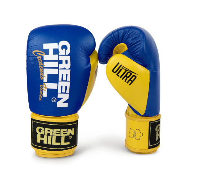 Боксерские перчатки Green Hill ULTRA кожа р.12 Синий/Желтый (8585053829284)