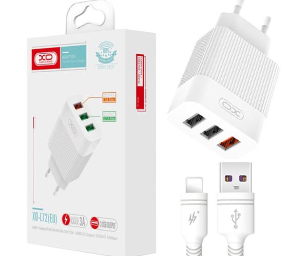 Устройство зарядное сетевое XO L72 QC3.0 3USB 18 W 3А cable Lightning White - фото 2 Устройство зарядное сетевое XO L72 QC3.0 3USB 18 W 3А cable Lightning White - фото 2