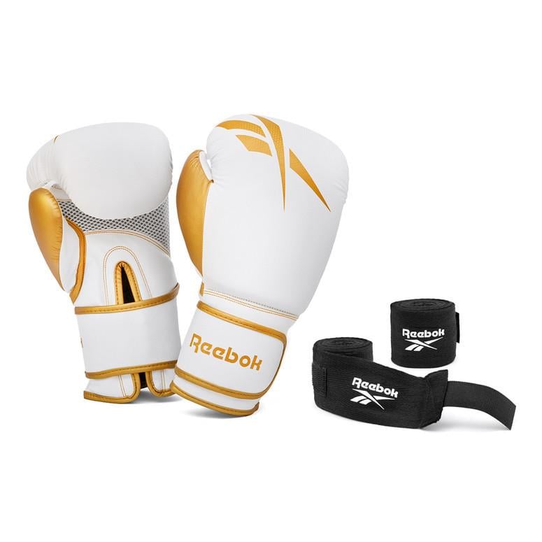Набор боксерских перчаток и бинтов мужских Reebok Boxing Gloves & Wraps Set 12 ун. Белый/Золотой (885652018388)