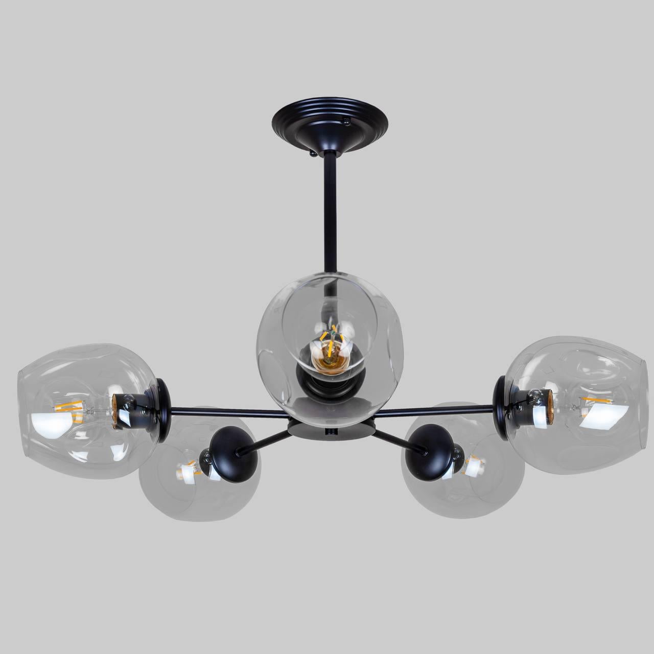 Люстра потолочная на 5 плафонов молекула Черный (52-F0231-5 BK+CL) Люстра потолочная на 5 плафонов молекула Черный (52-F0231-5 BK+CL)