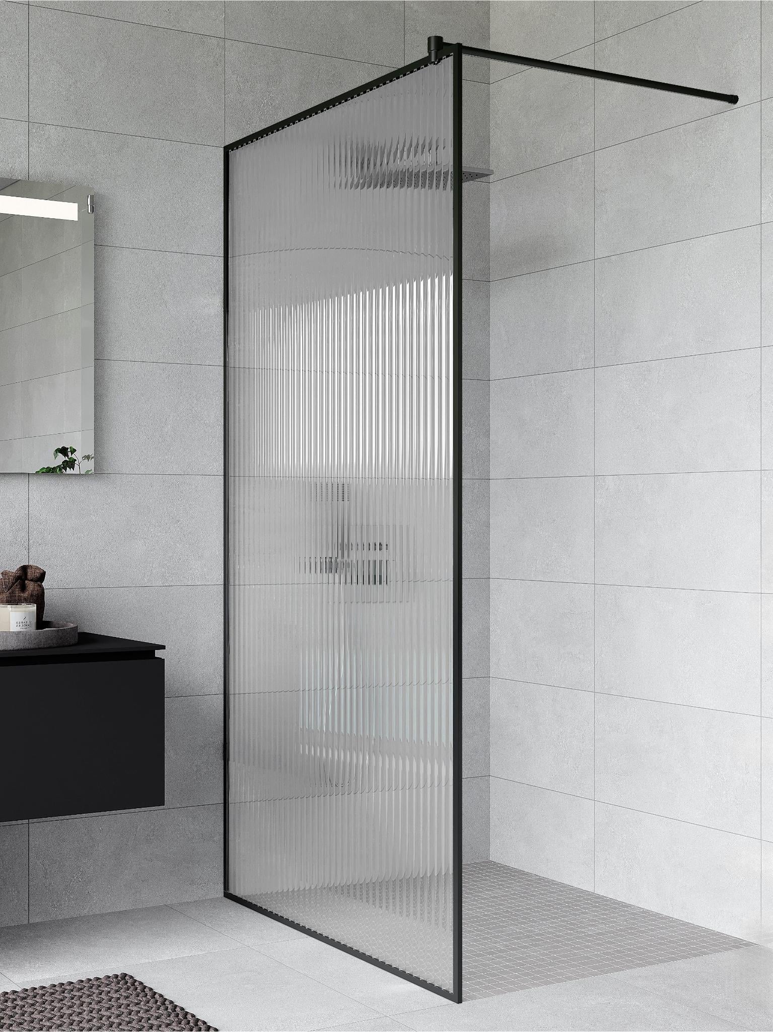 Флутс душова перегородка Angie 900х2000 мм скляна фактурна напівпрозора в чорному профілі для душової кабіни