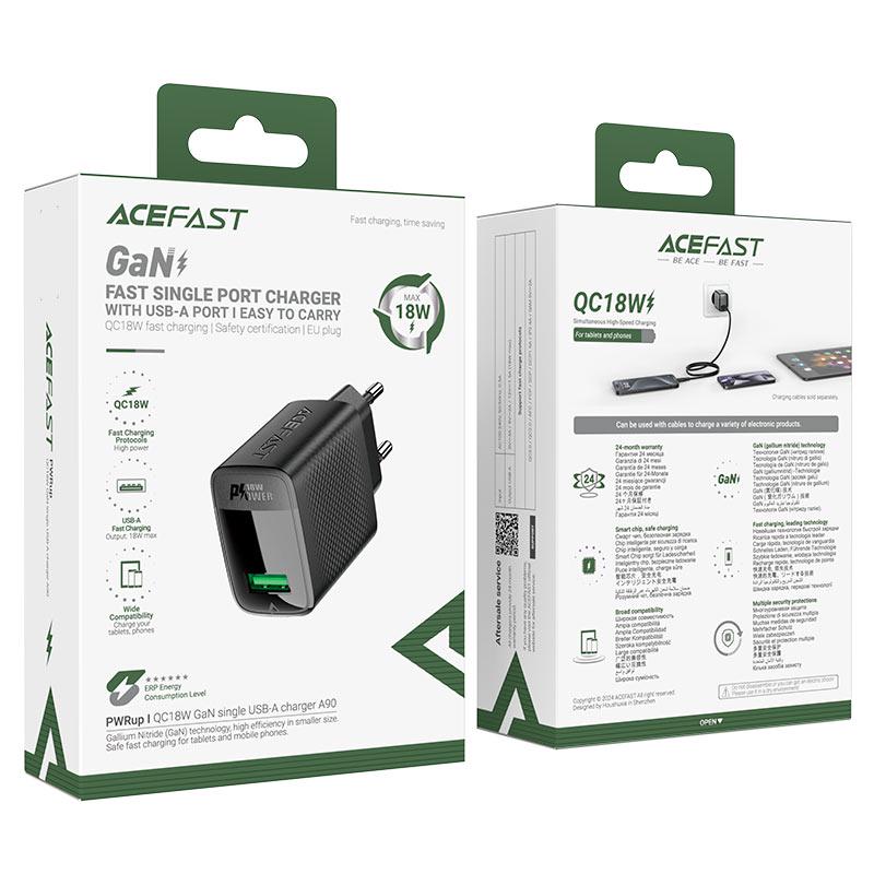 Зарядний пристрій для телефонів з кабелем Acefast A90 QC18W GaN single USB-A charger set P3 EU Black (24690) - фото 2 Зарядний пристрій для телефонів з кабелем Acefast A90 QC18W GaN single USB-A charger set P3 EU Black (24690) - фото 2