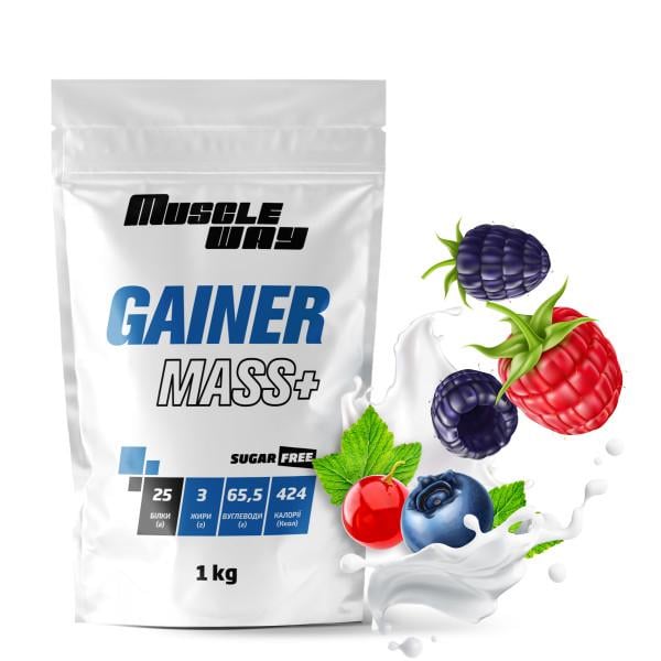 Гейнер вуглеводно-білковий MuscleWay GAINER MASS+ у порошку без цукру 1 кг Лісові ягоди (21-125-g-mw-rs1.l)
