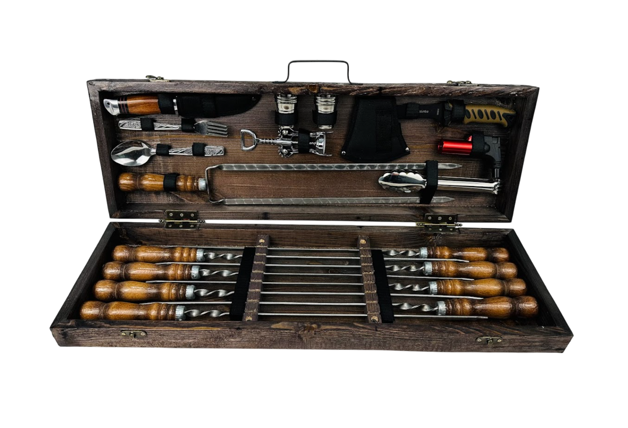 Набор шампуров Гриль-2 с аксессуарами для пикника 32 предмета в деревянном кейсе 74х24х10 см Коричневый (124-10-KS-7602)