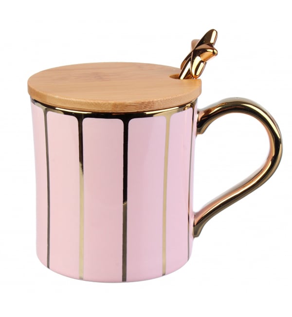 Чашка керамическая Pink&Gold 420 мл с ложечкой и крышечкой