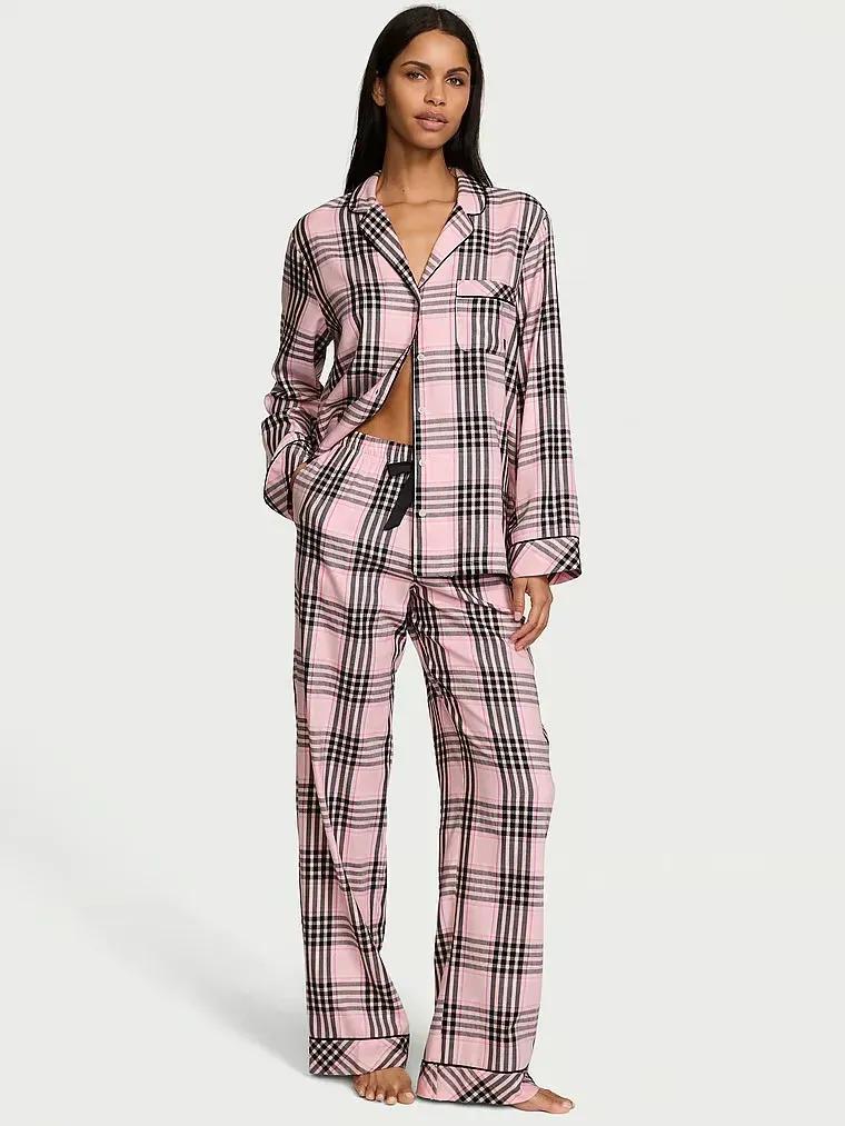 Піжама сорочка/штани фланель Victoria's Secret Long Pajama Set Short клітинка XL Рожевий (26811475D)