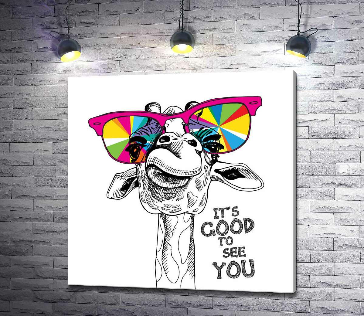 Картина ArtPoster Веселкові окуляри на носі жирафи з фразою "it's good to see you" 100x100 см Модуль №1 (003430)