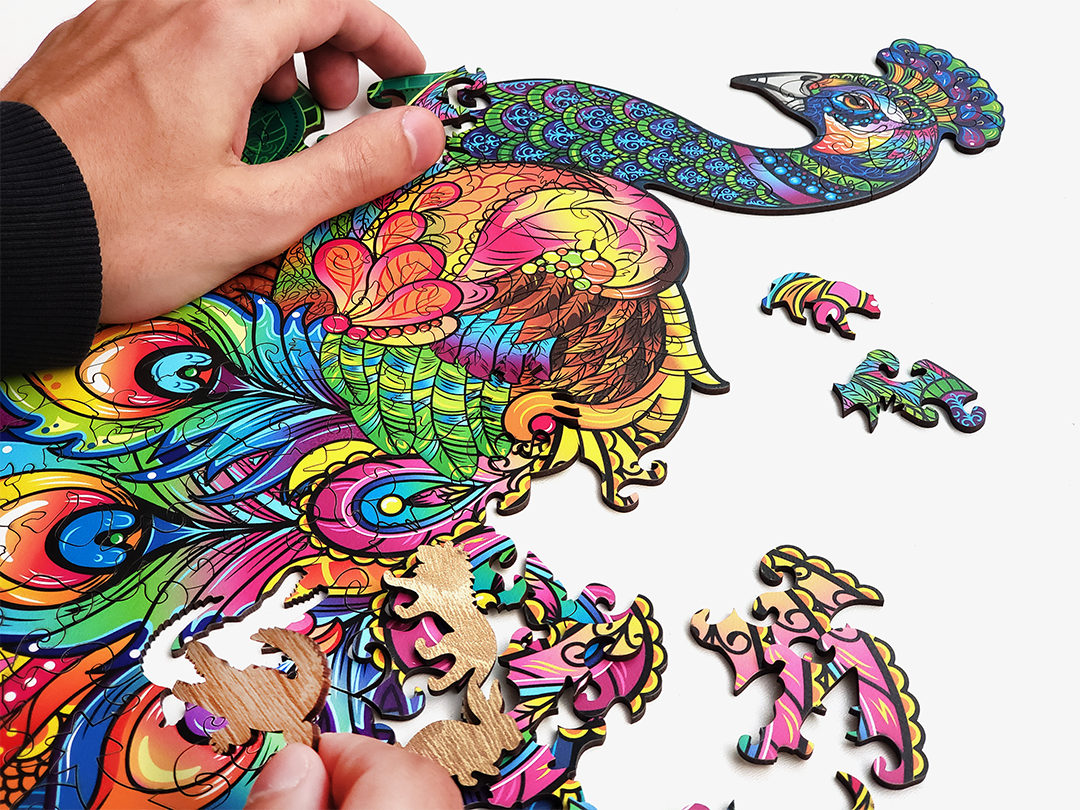 Пазл деревянный Павлин элементы в форме животных 53,8х29,6 см 184 шт. (1526084661) - фото 6