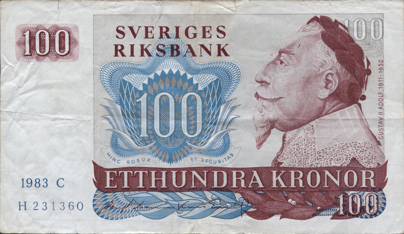 Коллекционная банкнота Швеция 1983 года 100 крон P54c VF