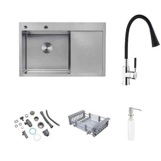 Мойка Kroner 7849LHM левая и смеситель для кухни с гибким изливом Kroner KRP Kuche-C031BLK