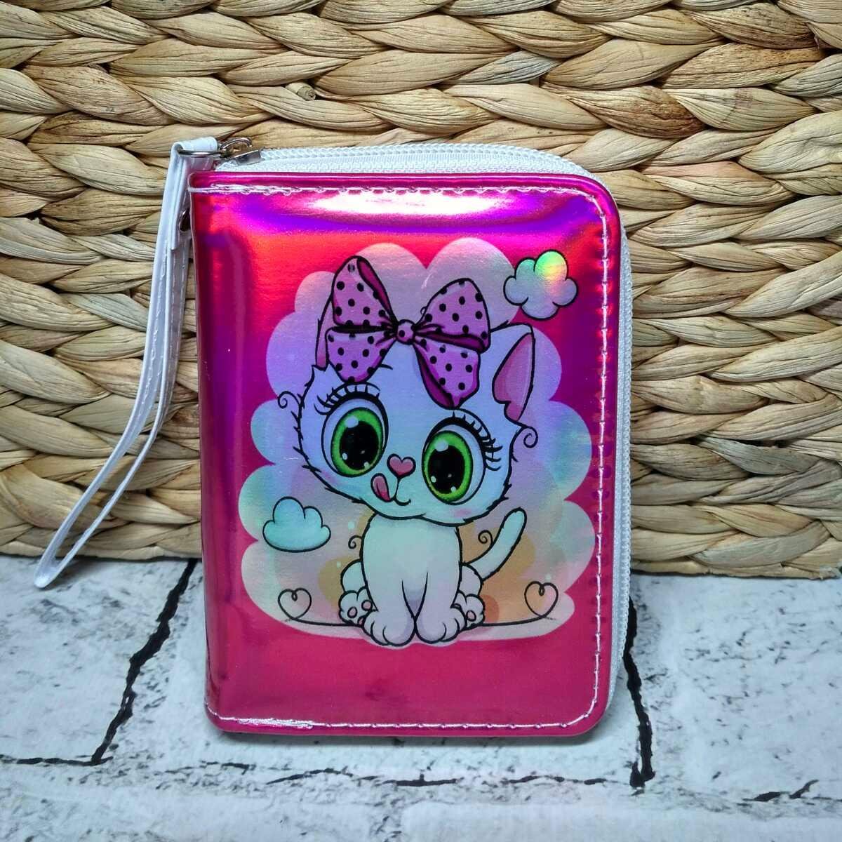 Кошелек детский для девочки на змейке с ремешком экокожа Котик голограмма 12,5х9 см Розовый (15815-1)