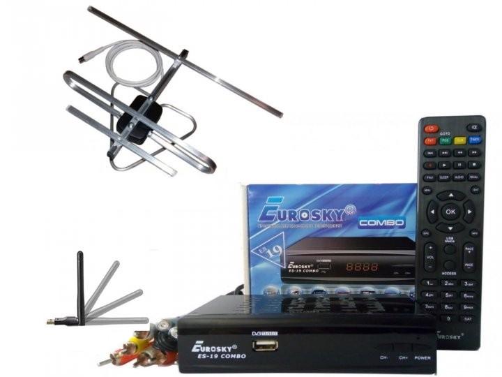 Комплект DVB-S2/T2 тюнер комбинированный Eurosky ES-19 Combo/антенна комнатная с усилителем A-sus/WiFi-адаптер - фото 2