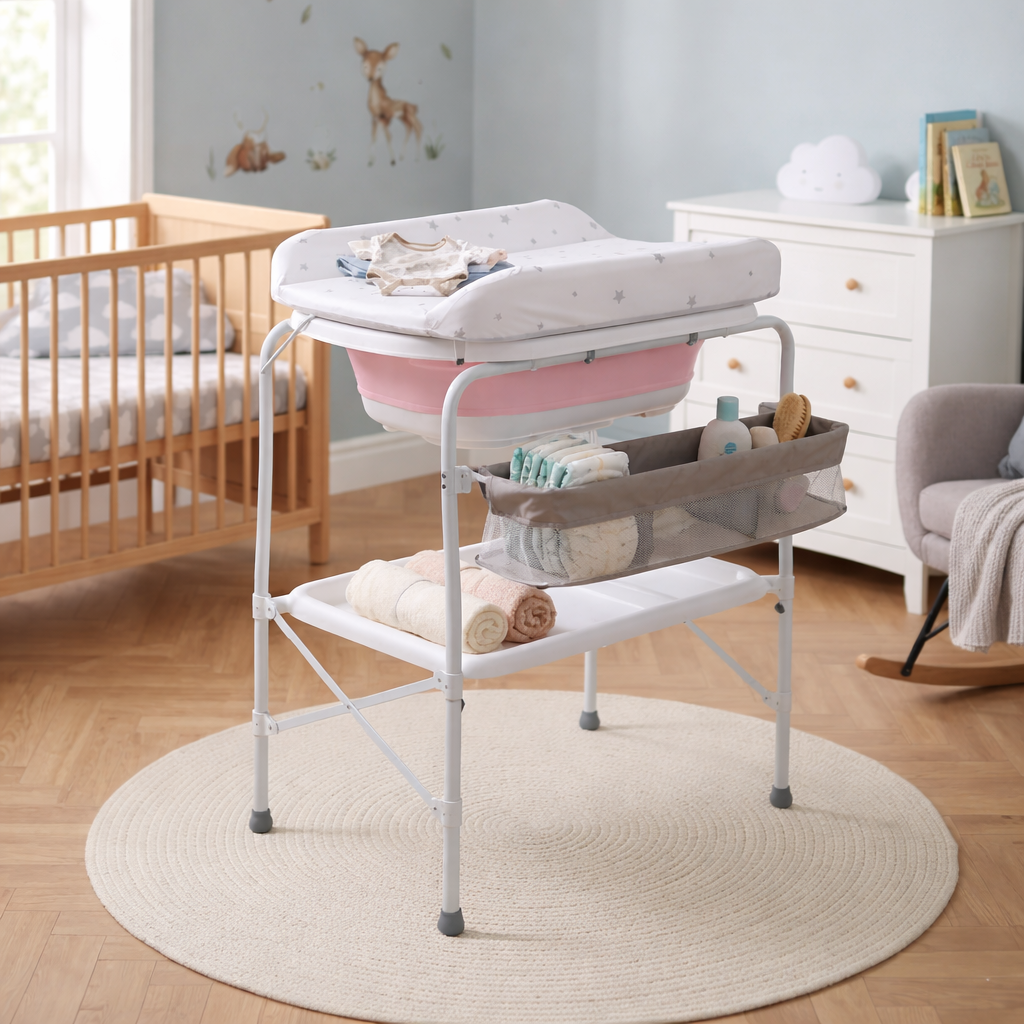 Столик для сповивання з ванною для купання X-658 складаний з металевим каркасом 130х82х35 см Рожевий