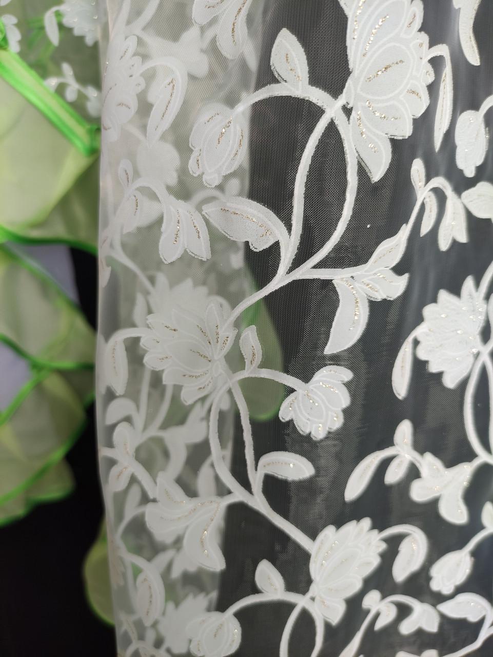 Тюль кухонна Ірис із двох частин органза та шифон 300х140 см Салатовий з білим (уо-06) - фото 2 Тюль кухонна Ірис із двох частин органза та шифон 300х140 см Салатовий з білим (уо-06) - фото 2