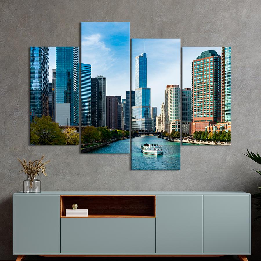Картина город Река Чикаго среди небоскрёбов 149x106 см (A646-4)