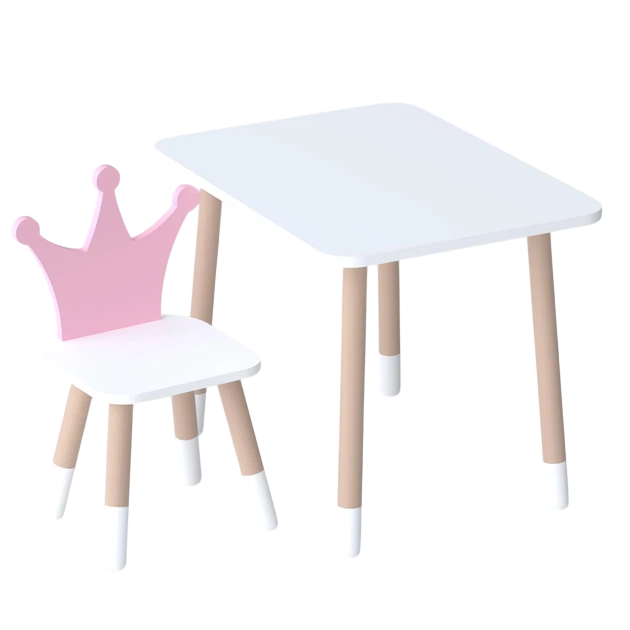 Набор детский прямоугольный столик со стульем деревянный корона 46х60х45 см Бело-розовый (150-7-885443)