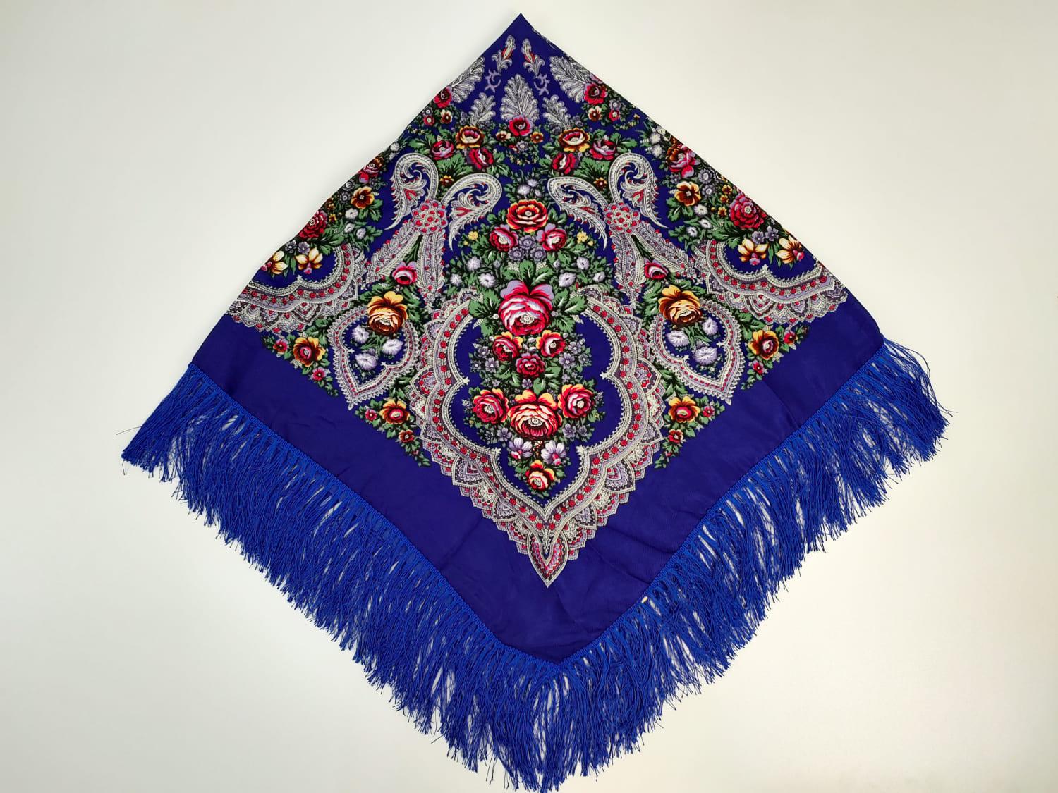 Платок в народном стиле Букет цветов 120х120 см Синий М20 (29416819)