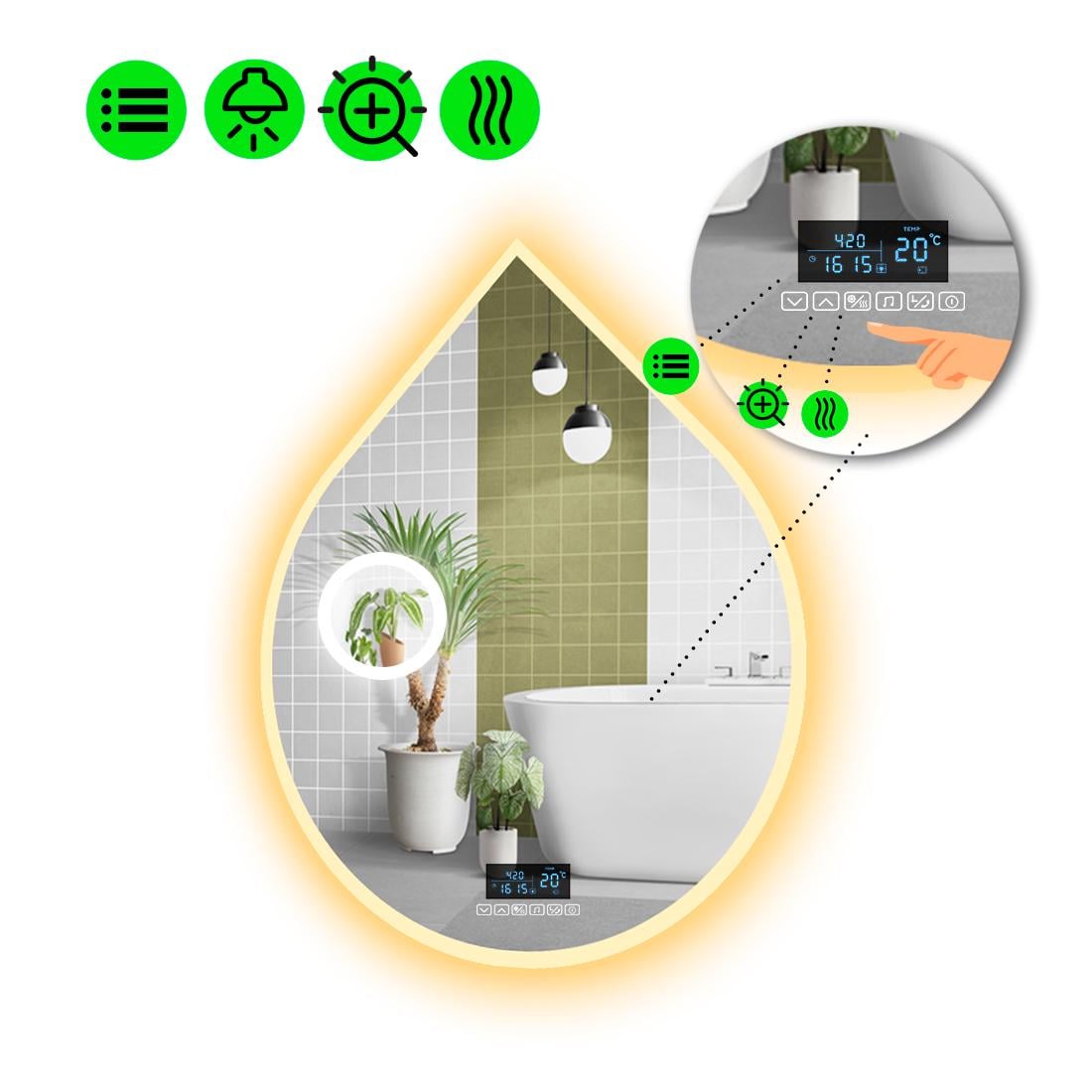 Зеркало с LED подсветкой Goccia 3 с Smart-блоком/линзой с подсветкой и подогревом 80x64 см (8994616)