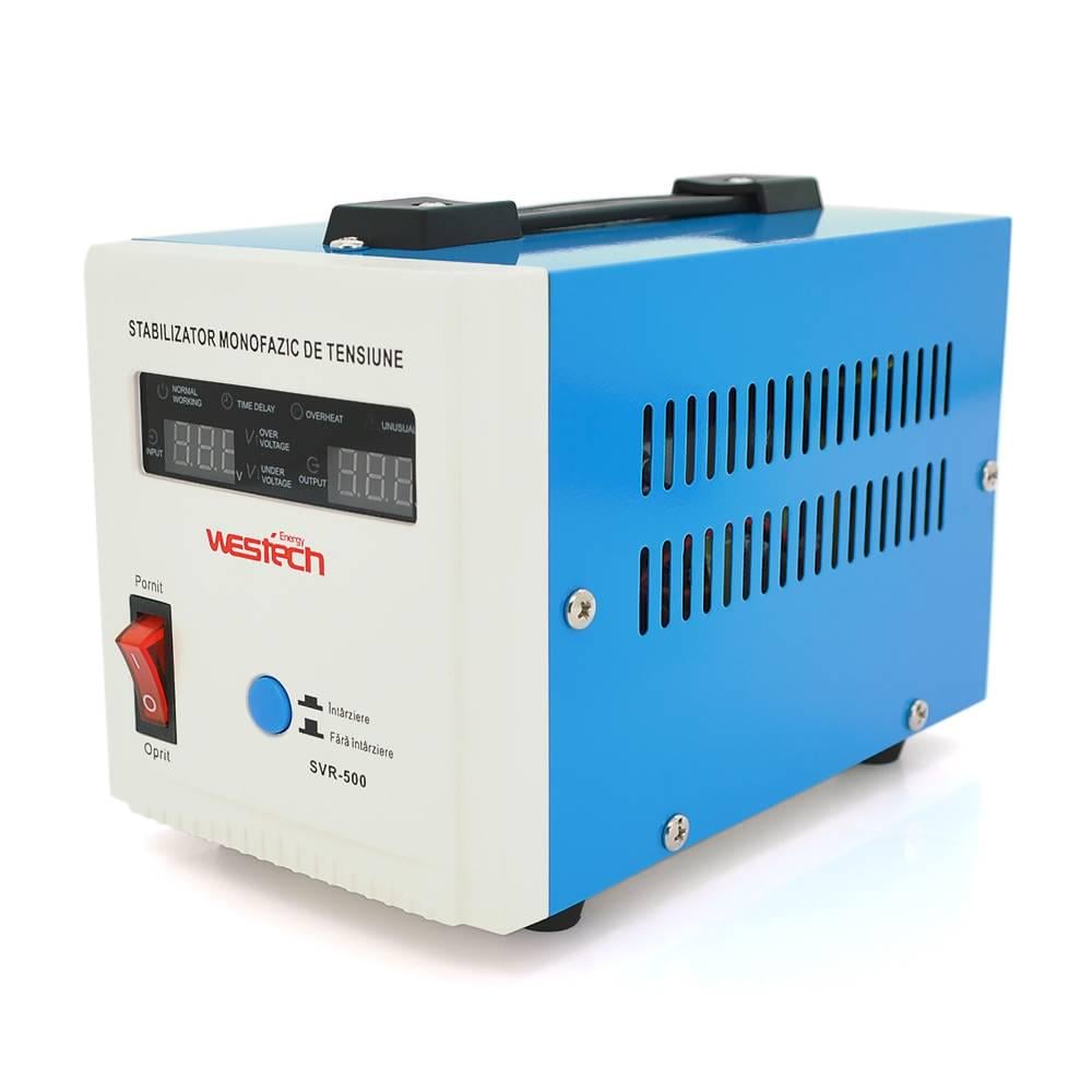 Стабілізатор напруги релейний Westech SVR-500VA/375W однофазний напольного монтажу LED дисплей діапазон 150-270V 2хShuko Q8