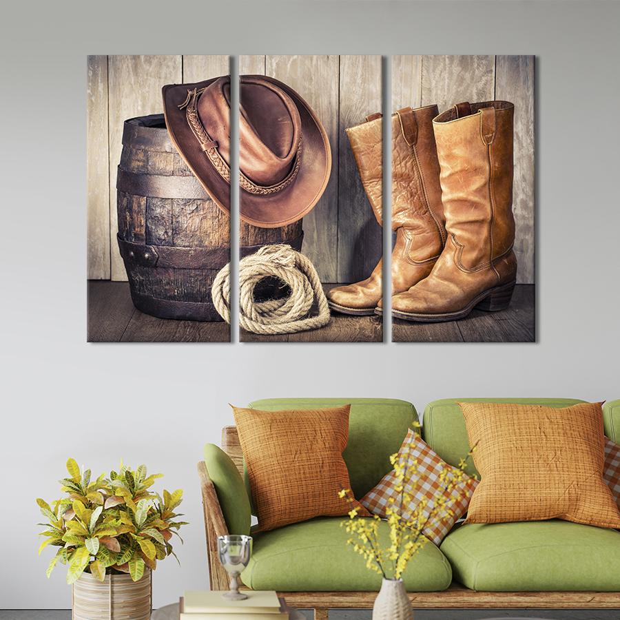 Модульная картина триптих Натюрморт с ковбойской шляпой и кожаными ботинками 128x81 см (515-31)