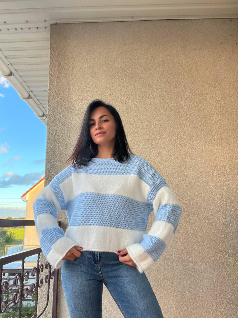 Светр жіночий A-N 1203 широка смуга комбинований плетіння ангора широкі рукава OS Блакитний (2955) - фото 5 Светр жіночий A-N 1203 широка смуга комбинований плетіння ангора широкі рукава OS Блакитний (2955) - фото 5