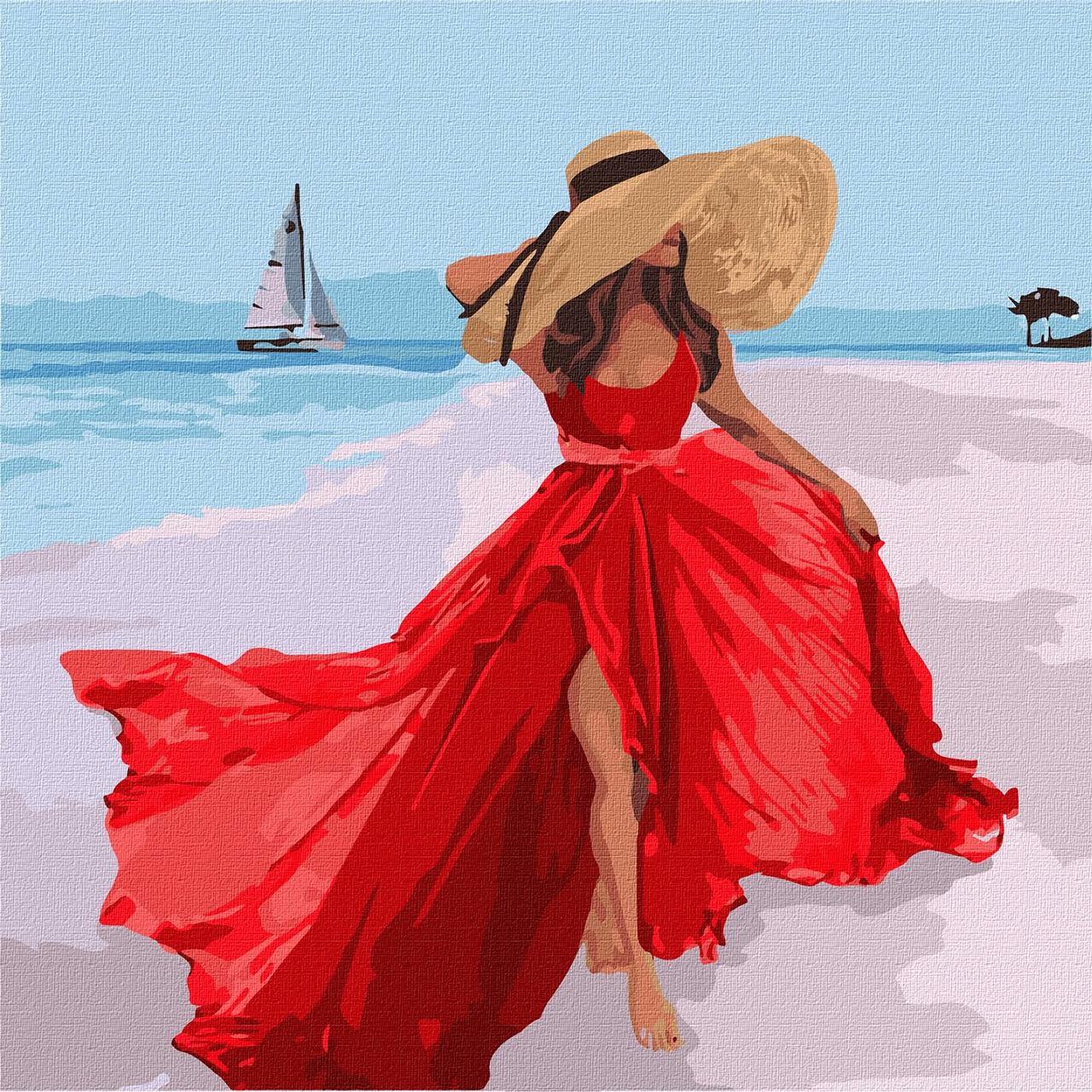 картина по номерам девушка в красном платье