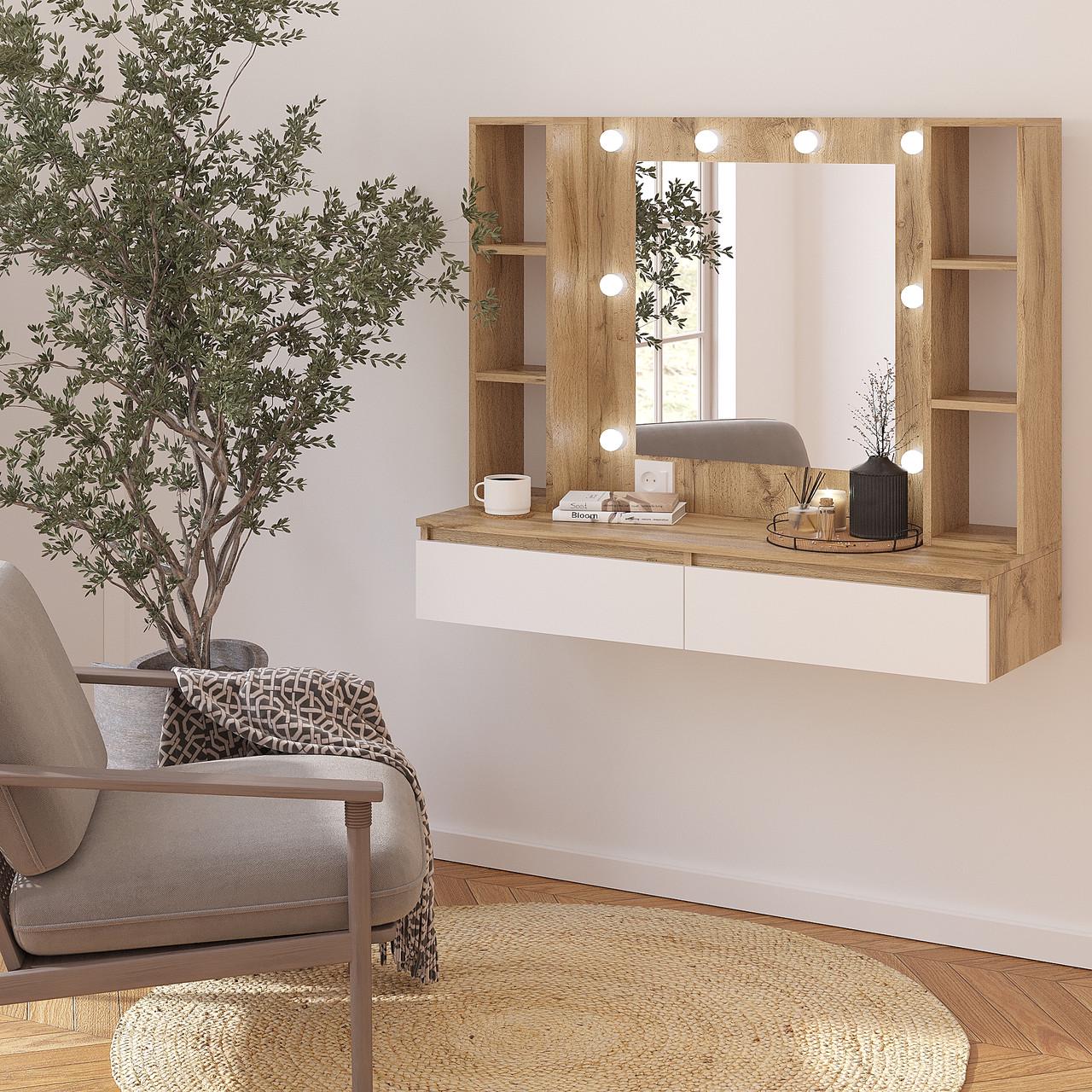 Туалетный столик New and Classic подвесной с подсветкой 1000х1200х400 мм Дуб тахо/Белый (ТЗ-Флай-11)