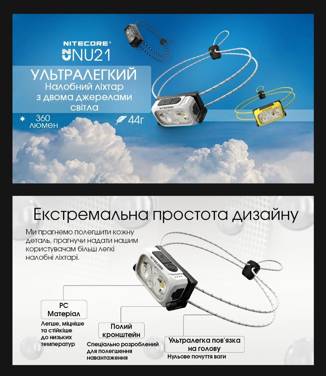 Ліхтар налобний Nitecore NU21 USB type-C 360 Лм 500 мАг Жовтий (010222) - фото 2 Ліхтар налобний Nitecore NU21 USB type-C 360 Лм 500 мАг Жовтий (010222) - фото 2