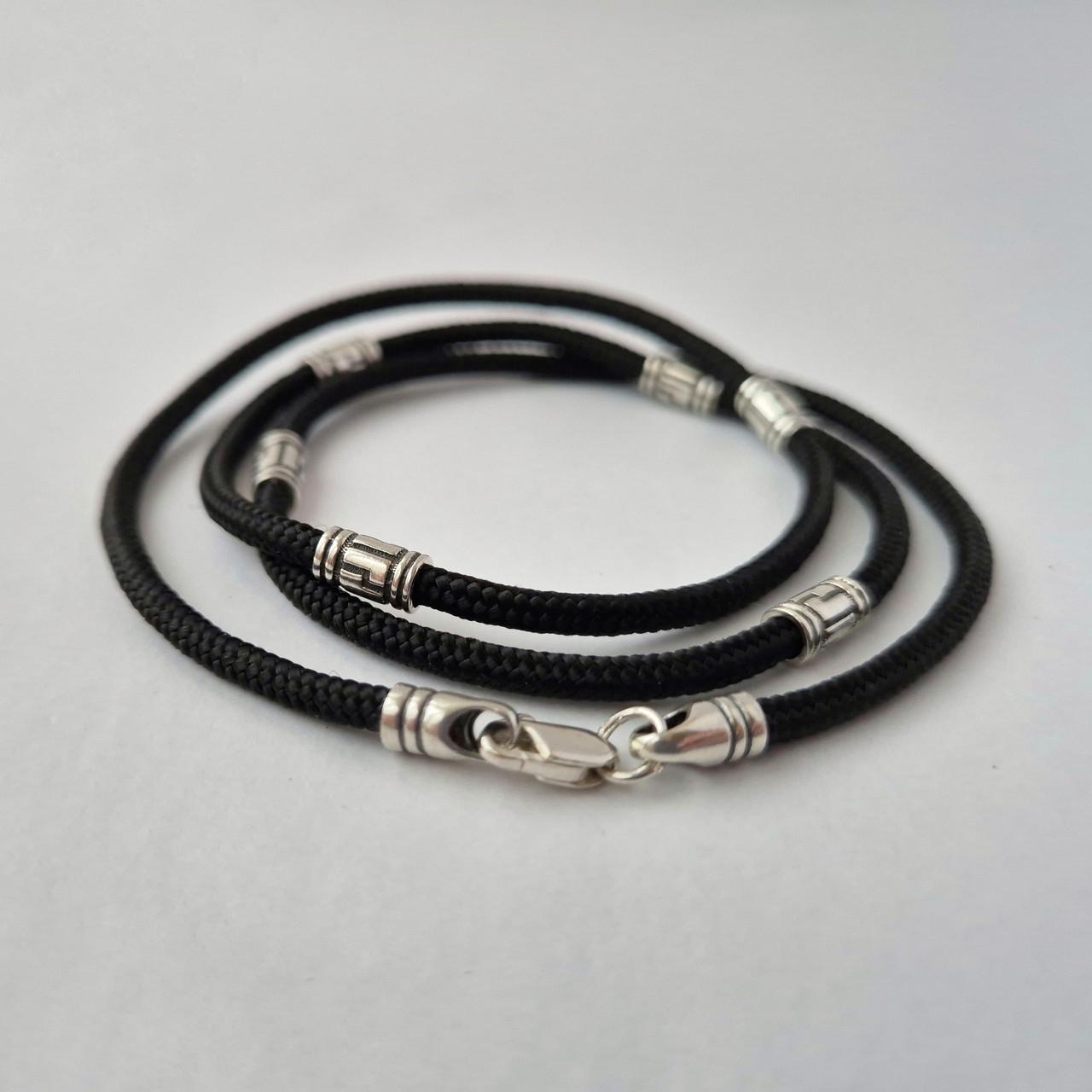 Шнурок ювелирный шелковый со вставками серебро 925 пробы 5,00 г 3 мм 65 см Черный (6890/3507)