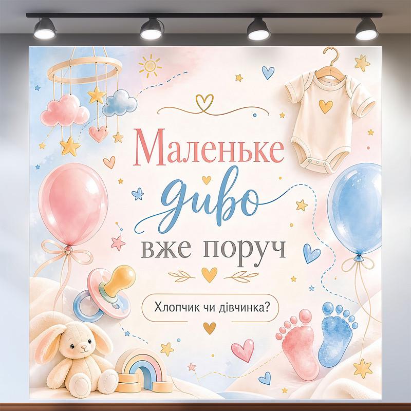 Фотозона на Гендер пати Маленькое чудо уже рядом с зайчиком и шариками 200x200см, №48523