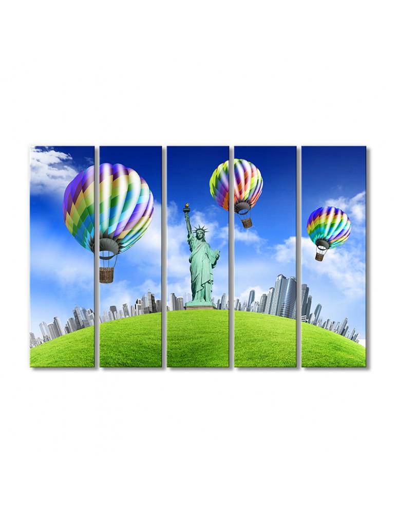 Картина модульная Статуя Свободы воздушные шары 5 модулей 90x135 см
