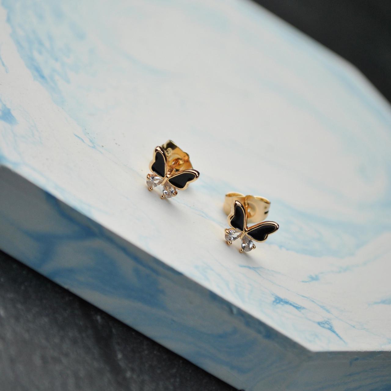 Сережки гвоздики Бабочки с эмалью медицинская сталь позолота (x108)