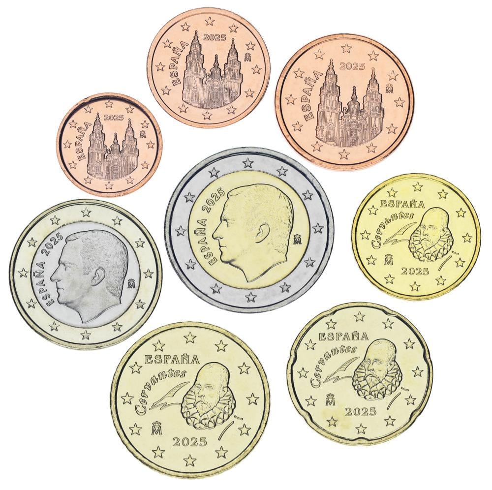 Коллекционная монета Испания набор из 8 монет евро 2025 UNC 1 2 5 10 20 50 евроцентов 1 2 евро (М21928)