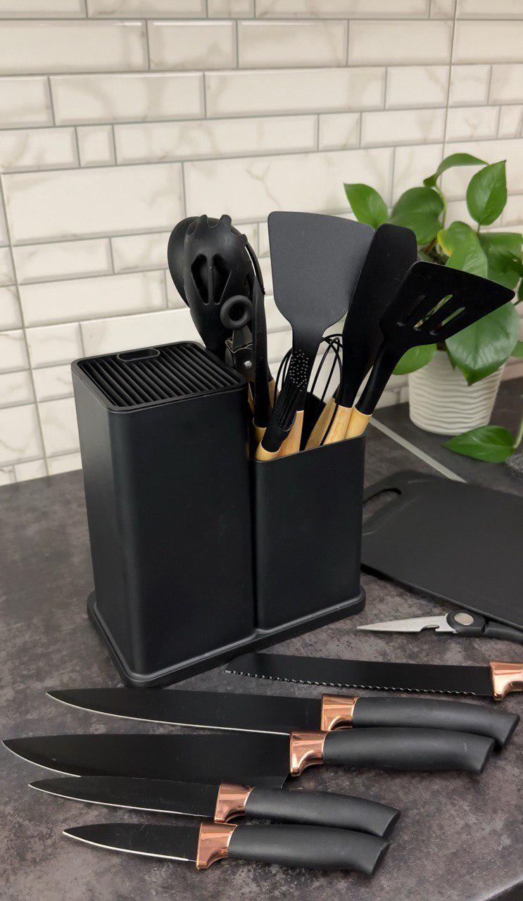 Набір кухонного приладдя на підставці 19 пр. з досткою Чорний (UN-1872) - фото 3 Набір кухонного приладдя на підставці 19 пр. з досткою Чорний (UN-1872) - фото 3