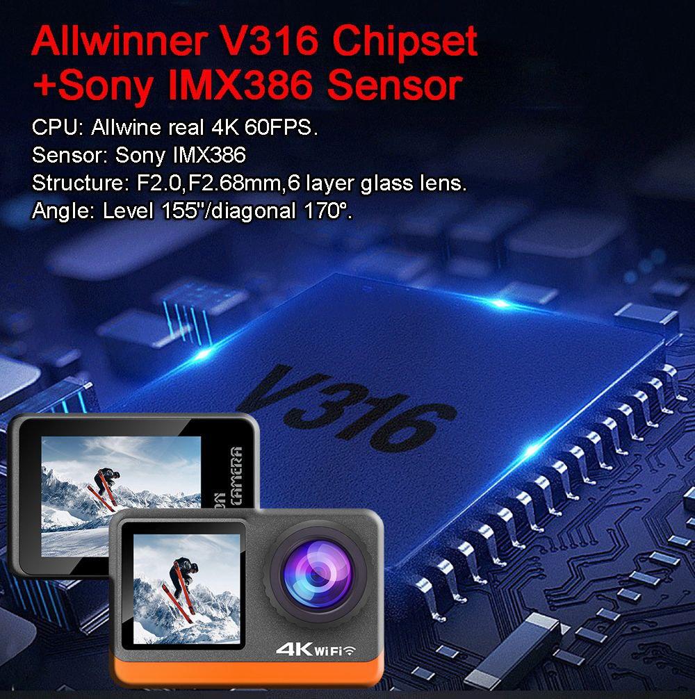 Экшн камера с двойным экраном и сенсором 4К 60fps с картой 64 Гб и кейсом (1928667018) - фото 7